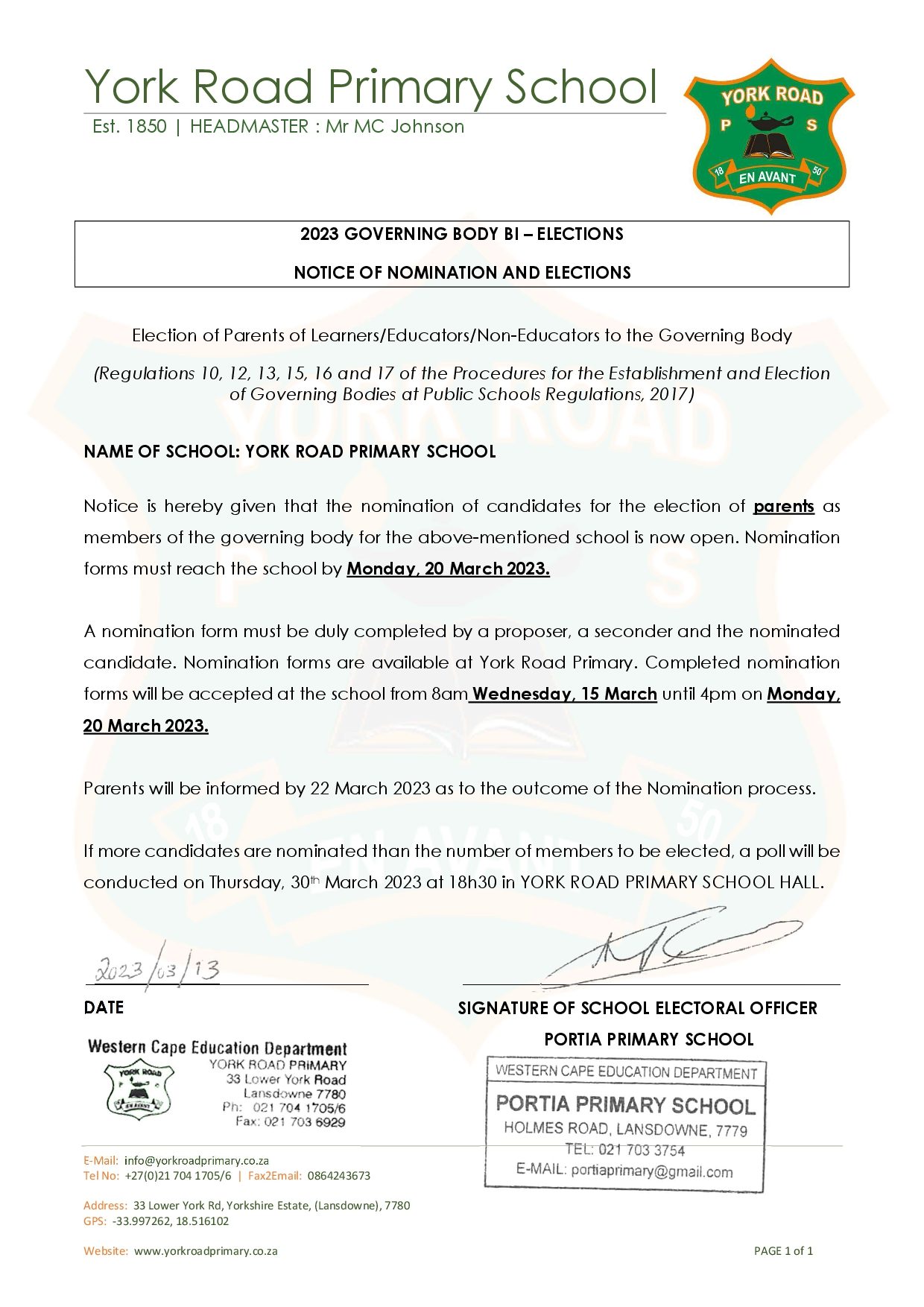 2023 SGB Bi Election Notice York Road Primary