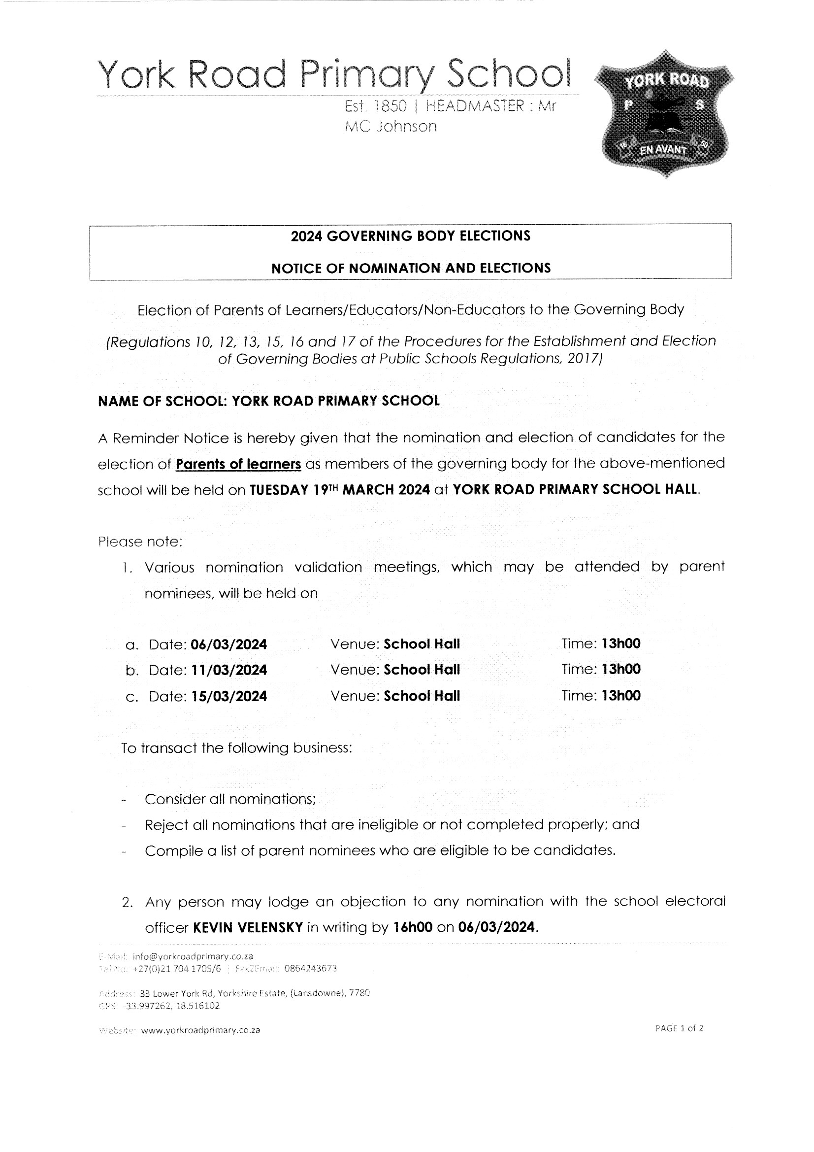 2024 SGB Elections York Road Primary